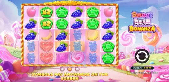 Sweet Rush Bonanza gameplay — πλέγμα 6x5 με γλυκά, αρκουδάκια και scatter σύμβολα